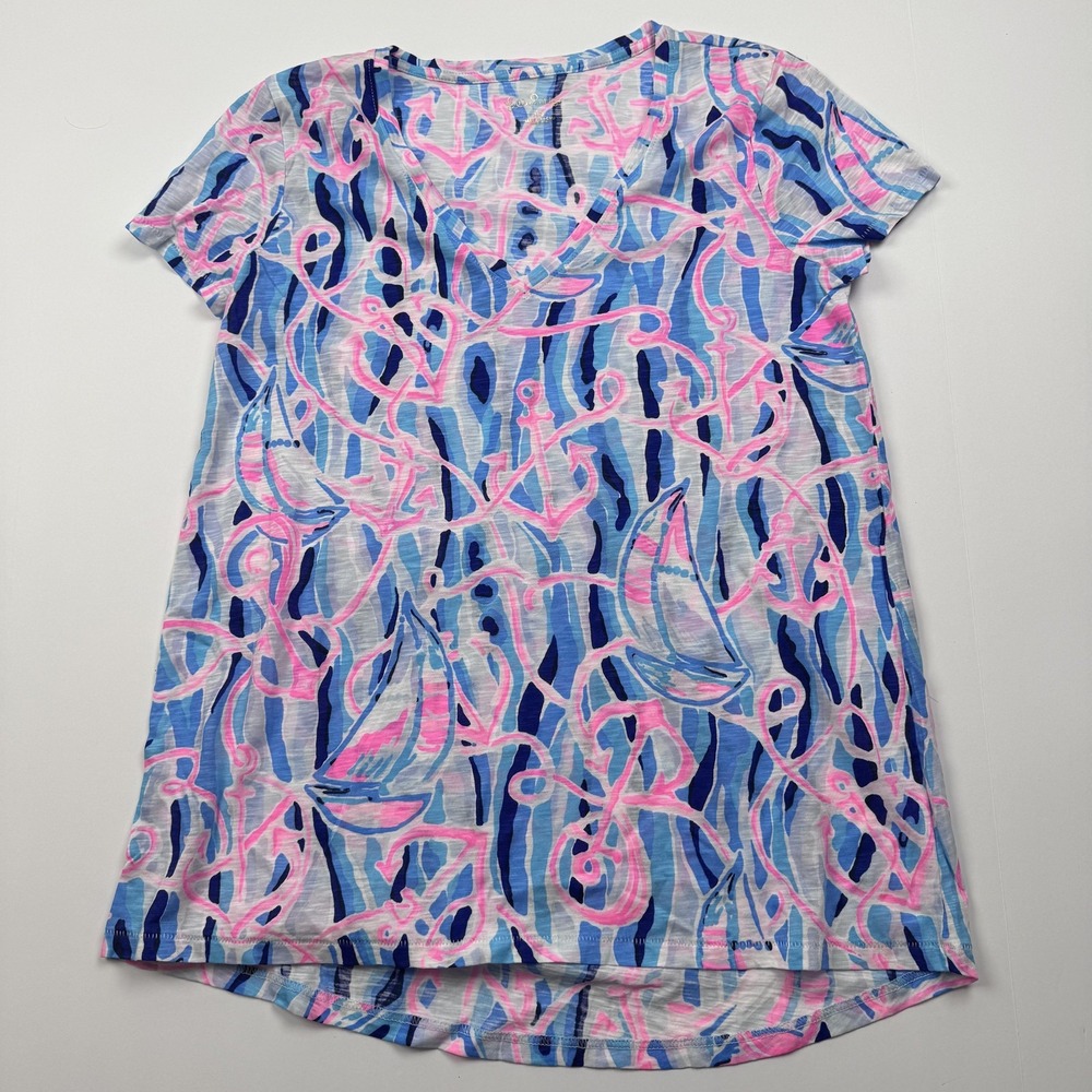Lilly Pulitzer T Shirt Dress Womens XS Blue Pink Nautical Sailboat Anchor Print